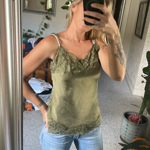 Vintage Y2k Gold Hawk Elegant Olive Green Lace Trim Silk Camisole - Picture 3 of 13